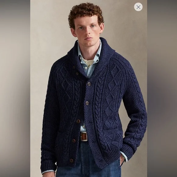 Men's Medium Polo Ralph Lauren Aran-Knit Cotton Shawl-Collar Cardigan - Picture 2 of 9
